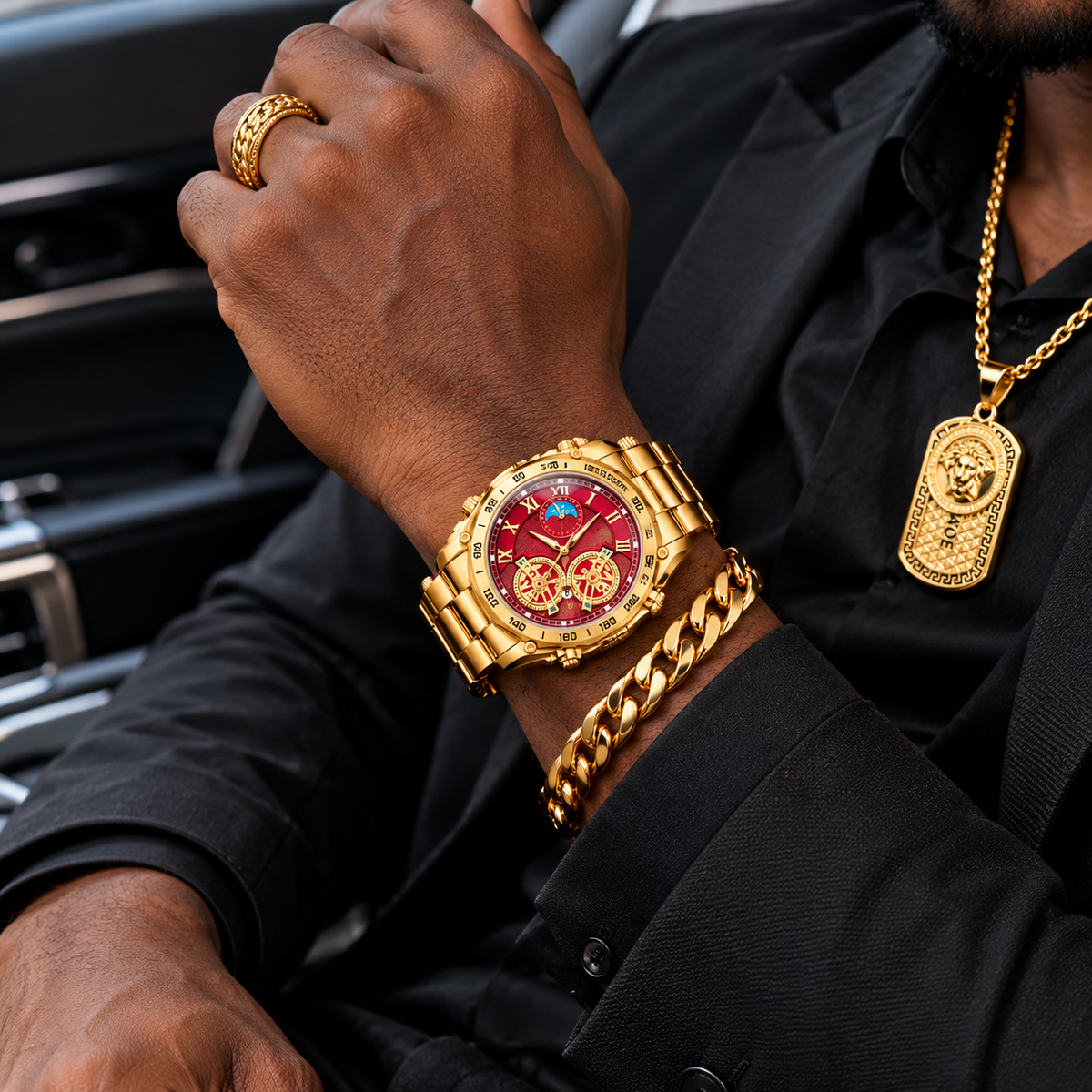 👑 Coffret Homme 4 Pièces – Montre, Bracelet, Collier & Bague Assortis