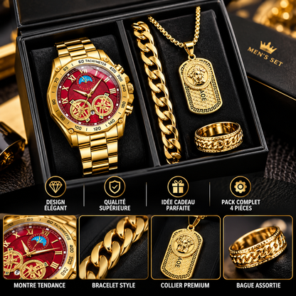 👑 Coffret Homme 4 Pièces – Montre, Bracelet, Collier & Bague Assortis